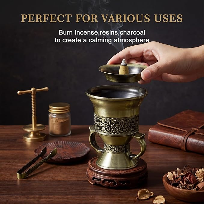 Zonon 2 Sets Bronze Incense Burner with Tong, Frankincense Charcoal Incense Stand Holder, Ideal for Yoga, Spa, Aromatherapy, Home and Christian Church Censer (Elegant)