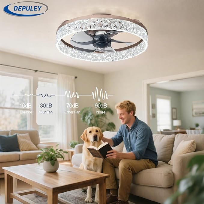Depuley Ceiling Fans with Lights and Remote: 16" Modern Low Profile Flush Mount Ceiling Fan with App Remote Control - Brown Fandelier for Bedroom Living Room Kitchen Dimmable Quiet DC Motor