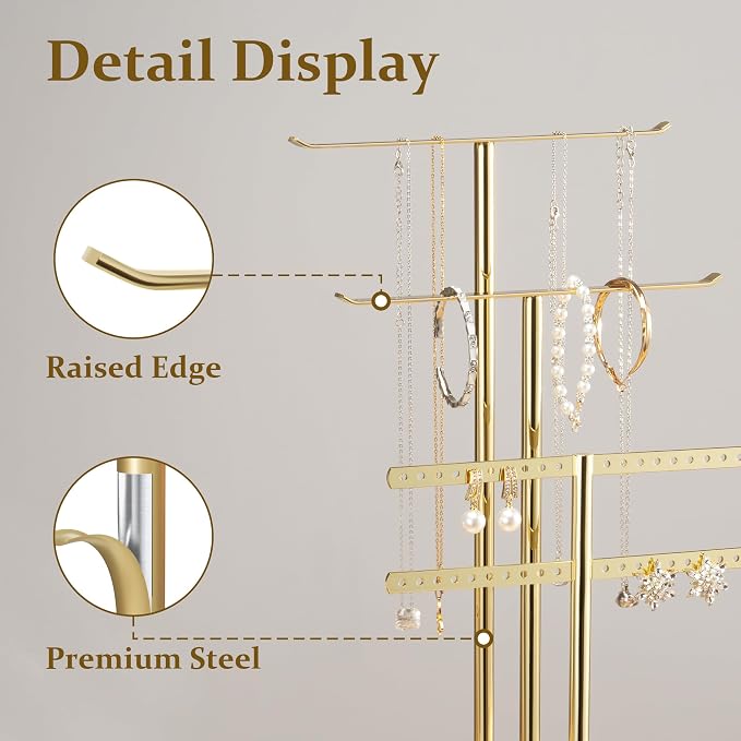 pickpiff Jewelry Organizer: 14.5" Sturdy Stand for 80 Pcs Jewelry, Shiny Gold