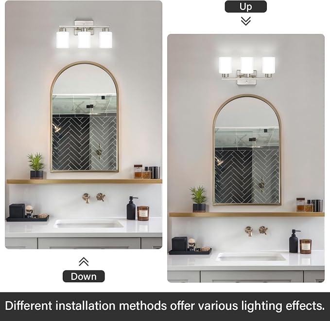FonmYim Brushed Nickel Bathroom Light Fixtures, 3-Light Modern Vanity Light Over Mirror, Wall Sconces with Milky White Frosted Glass Shades, E26 Socket (Bulbs Not Included)