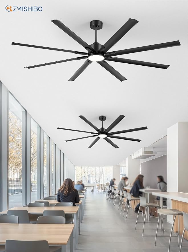 ZMISHIBO 84" Industrial Ceiling Fans with Lights, Large Ceiling Fan with 3CCT, 8 Reverisble Aluminum Blades, Quiet DC Motor, 6-Speed Remote, Indoor/Outdoor Ceiling Fans for Patios/Garage/Porch, Black