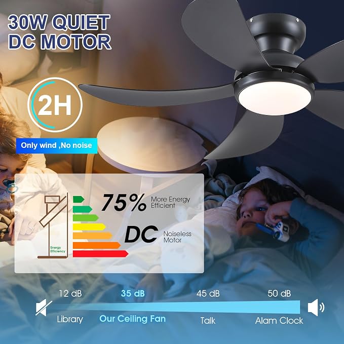 PHORUS 42"Black Low Profile Flush Mount Ceiling Fans with Lights and Remote | Super Large Airflow with 6 Wind Speeds, Reversible, Dimmable 3 CCT LED, 30W Noiseless DC Motor,Timer, for Bedroom Kitchen