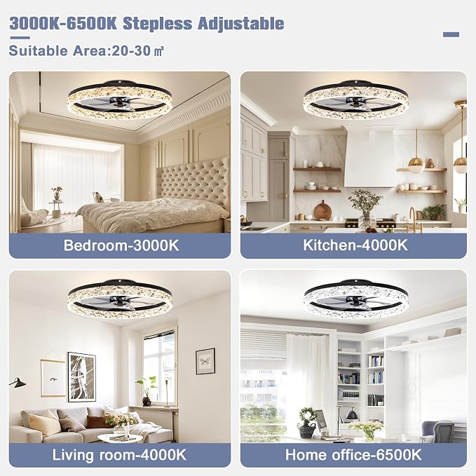VOLISUN Fandelier Ceiling Fans with Light, 23.6in Low Profile Ceiling Fan with Light and Remote, 3000K-6500K Dimmable Bladeless Ceiling Fan Flush Mount, Black Modern Ceiling Fan with Light for Bedroom