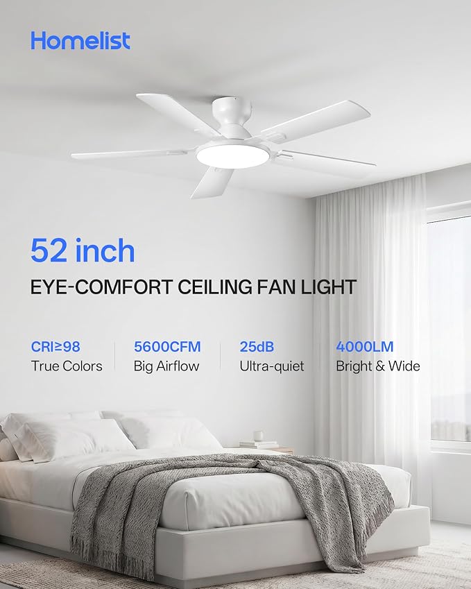 Homelist Ceiling Fans with Lights 52 Inch, Low Profile Flush Mount Fan, Quiet 6 Speeds DC Reversible Motor, 3CCT Dimmable LED, Remote Control for Living Room, Bedroom, Kids Room, Cloud White
