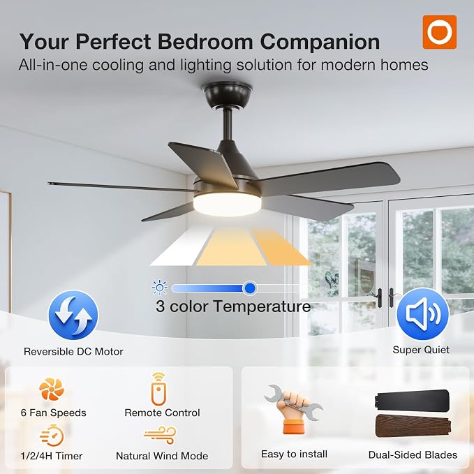 addlon Ceiling Fans with Lights, 42 inch Black Ceiling Fan with Light and Remote Control, Reversible, 3CCT, Dimmable, Noiseless, Small Ceiling Fan for Bedroom, Farmhouse, Indoor/Outdoor Use