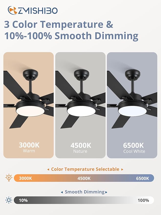 ZMISHIBO 52 Inch Ceiling Fans with Lights, Smart Remote/APP Control, Modern Ceiling Fan with 6 Speeds & 3CCT, Dimmable 30W LED, Quiet DC Motor, Noiseless for Living Room, Bedroom, Kitchen, Black
