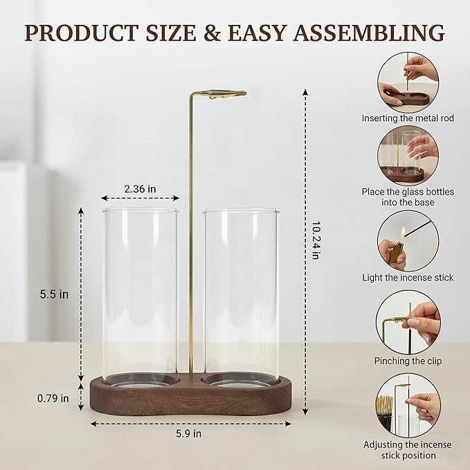 Glass Incense Holder for Sticks, 2-in-1 Incense Burner with Ash Catcher & Storage, Natural Wood Stick Holder for Meditation Yoga Zen Home Decor, Unique Spa Gift for Women