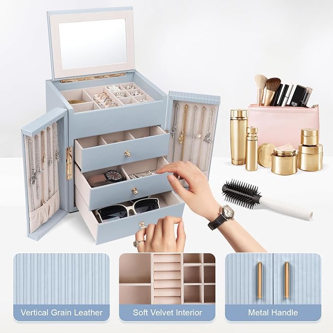 Dajasan Large Jewelry Box Organizer, Jewelry Storage Organizer with 3 Drawers, Huge Jewelry Box with Mirror for Women Girls, Double Door, Textured PU Leather, Gift Idea, Stylish (Blue + Gold)