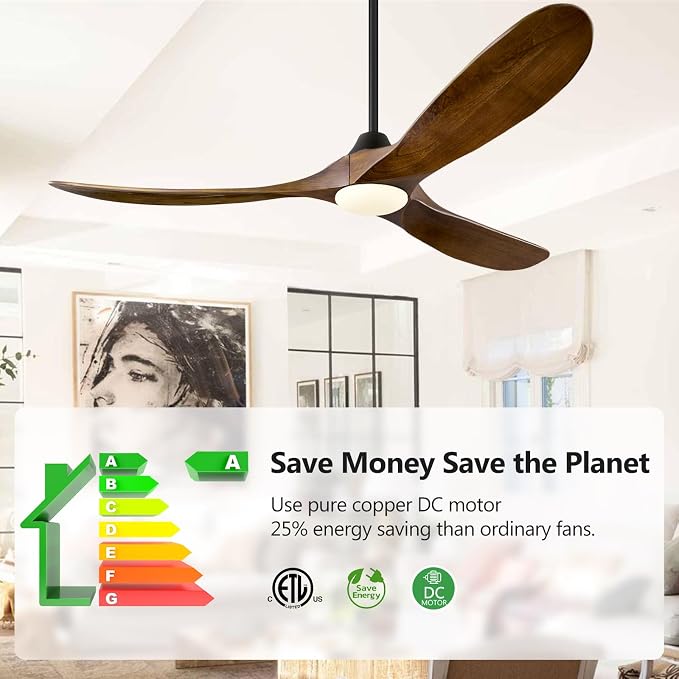 ABZ 60 Inch Ceiling Fans with Lights, Solid Wood Propeller Ceiling Fans with Lights and Remote Control Outdoor Ceiling Fan for Patios Propeller 3 Blades for Indoor Living Room, Walnut Wood