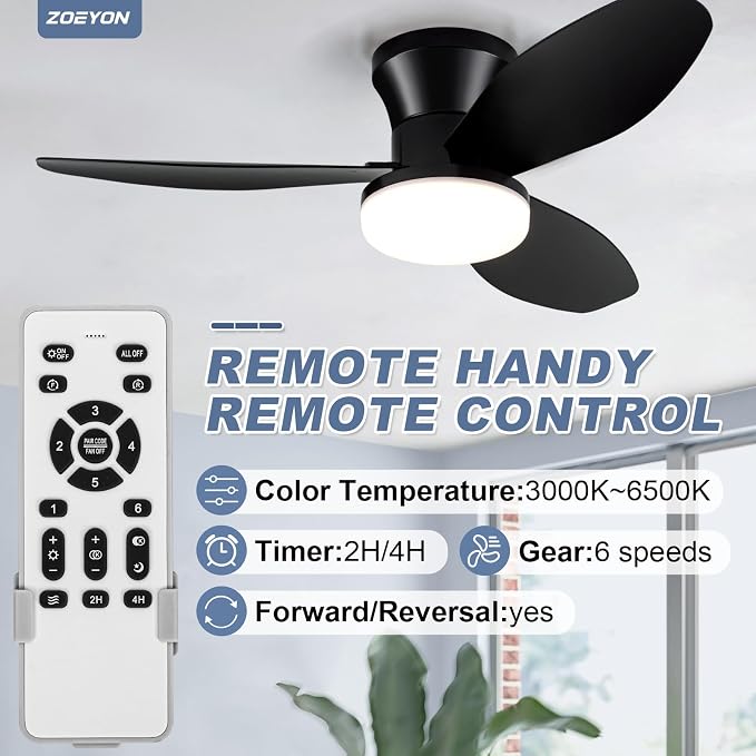 Small Ceiling Fan with Light - 35 Inch Flush Mount Ceiling Fans with Lights and Remote, Low Profile Ceiling Fan with 3 Reversible Blades, 6 Wind Speeds, Black Ceiling Fans for Bedroom Kitchen