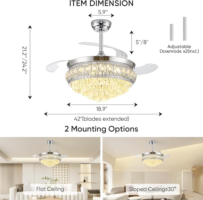 42" Fandelier Ceiling Fan with Light, Crystal Retractable Ceiling Fan with Lights and Remote, Chandelier Fans for Bedroom Living Room, Reversible DC Motor, Dimmable, 6 Speeds - Chrome