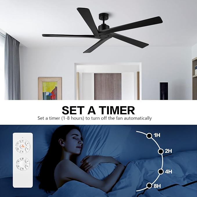 WINGBO 72 Inch DC Ceiling Fan No Light with 3 Downrods, 5 Reversible Carved Solid Wood Blades, 6-Speed Noiseless DC Motor, Large Ceiling Fan without Lights in Black Finish, ETL Listed