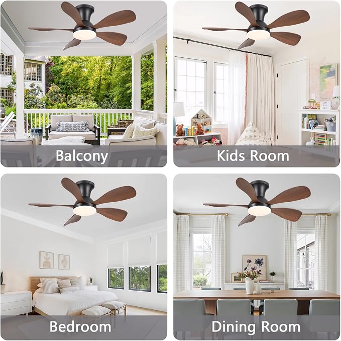 NKPU 33inch Low Profile Ceiling Fans with Lights and Remote/APP Control, Reversible DC Motor, 6 Speeds, Modern Flush Mount Ceiling Fan with 5 Blades for Outdoor Patio,Small Room,Bedroom, Brown