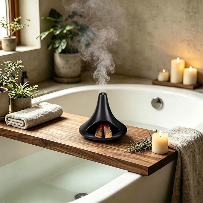 Ceramic Palo Santo Holder Chiminea Shape Burner, Mini Smudge Bowl with Ash Catcher for Palo Santo Sticks, Incense Cones & Candles, for Meditation, Yoga, Cleansing Ceremony, Handmade (Matte Black)