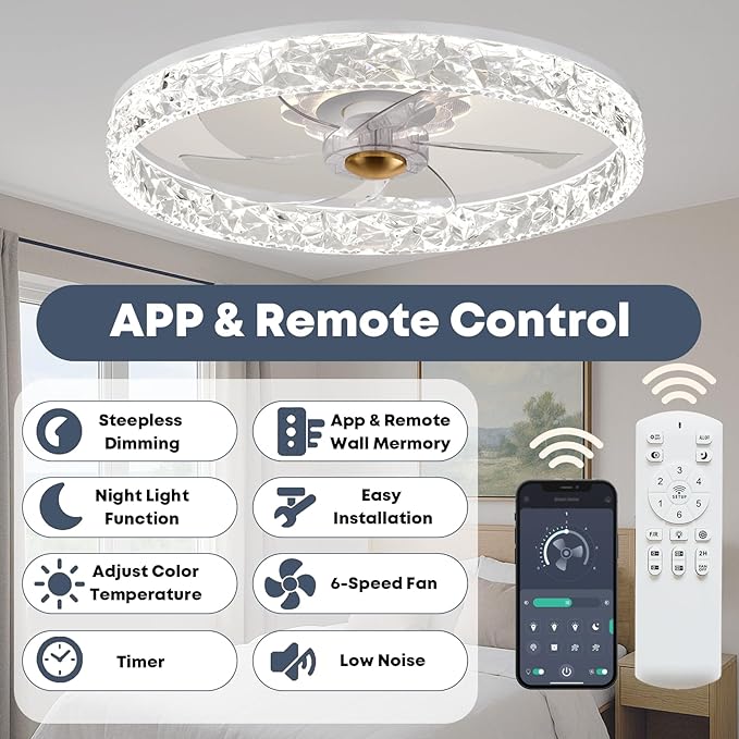 FSZDORJ 20'' Ceiling Fan with Light and Remote, Low Profile Ceiling Fan with Light, Dimmable Flush Mount Ceiling Fan Light, 6 Speeds Fan, App&Remote Control, Fandelier Quiet Fan for Bedroom F098 White