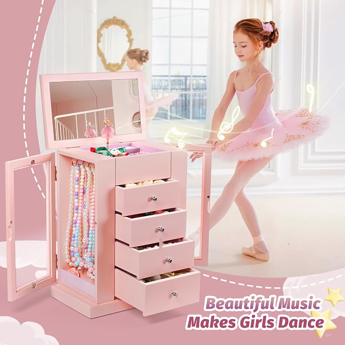 Emfogo Jewelry Box for Girls, Musical Jewelry Box with Spinning Dancer Gifts for Little Girls Christmas New Year Birthday Children's Day, 5 Layer Large Wooden Kids Music Jewelry Organizer Box(Pink)