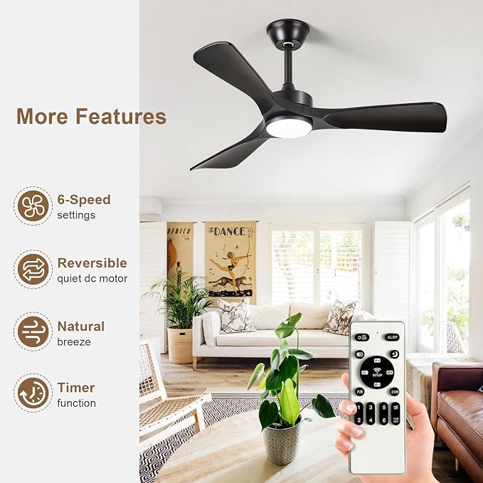 Black Ceiling Fan with Light: 42-Inch Ceiling Fan 3 Blades Low Profile Outdoor - Modern Ceiling Fans with Remote Control Quiet Reversible DC Motor for Patio Living Room