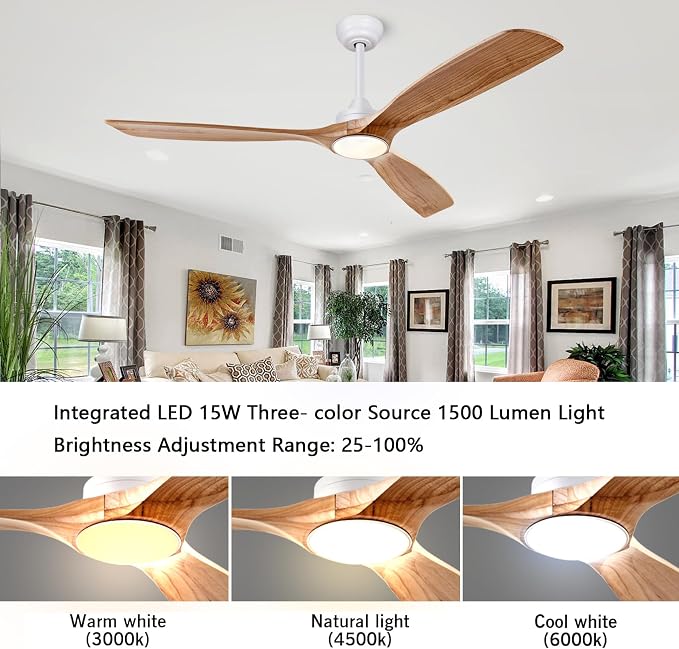 60'' Solid Wood Ceiling Fan Light DC Motor APP Remote 3CCT Dimmable 3 Blade | log-color solid wood blades, pure copper quiet dc inverter motor, remote & app control, 3cct dimmable led light, indoor