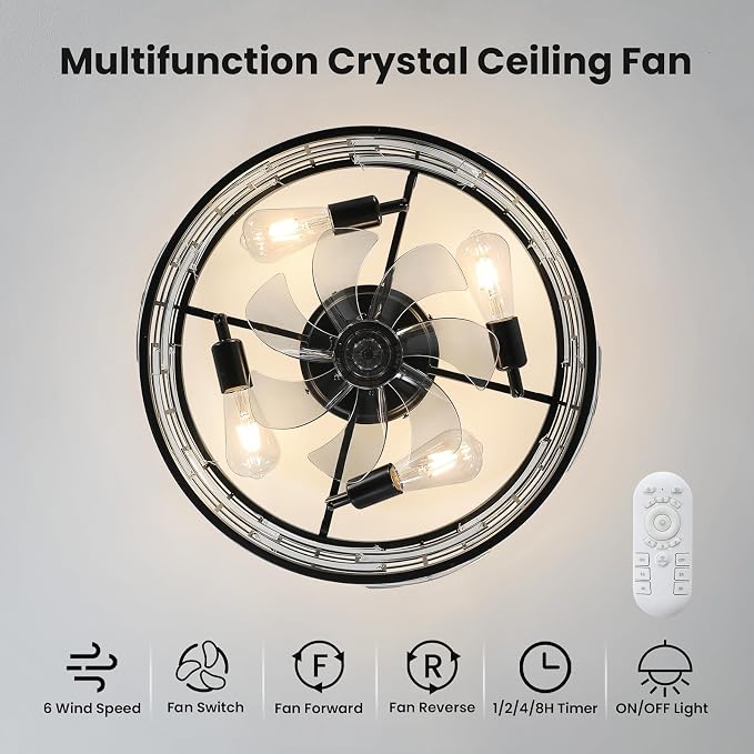 Crystal Caged Ceiling Fans Lights: 18.9'' Flush Mount Fandelier Farmhouse with Remote, 6 Speeds, Black Industrial Chandelier Low Profile Ventilador de Techo for Bedroom Kitchen Living Dining Room