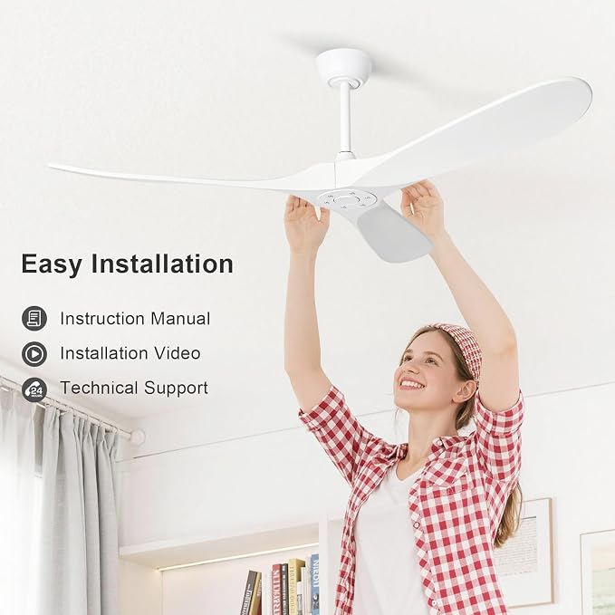 heimo 60 Inch White Ceiling Fan No Light，Indoor Outdoor 3 Blade Wood Ceiling Fans Without Lights for Patios Bedroom Living Room Farmhouse Big Outside Fan for Flat Sloped Angled Ceiling