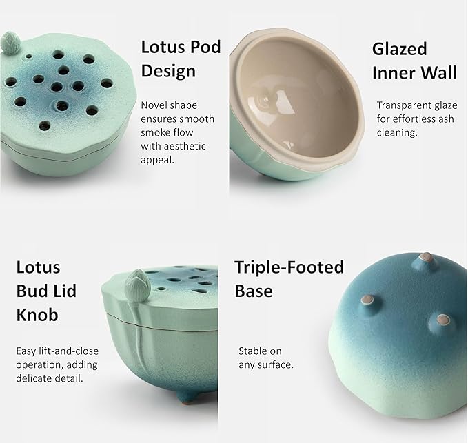 Zen Incense Burner with Lotus Lid Design (Lake Blue), Ceramic Incense Holder for Bakhoor, Stick, Powder, Cone, Coil, and Tower Incense, Home Fragrance Decor