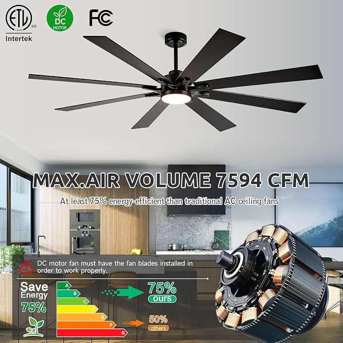 72 inch Ceiling Fans with Lights and Remote, Indoor Outdoor Ceiling Fans for Patios, Black Industrial DC Ceiling Fan with 8 Reversible Blades for Living Room Farmhouse Garage Covered Ourdoor