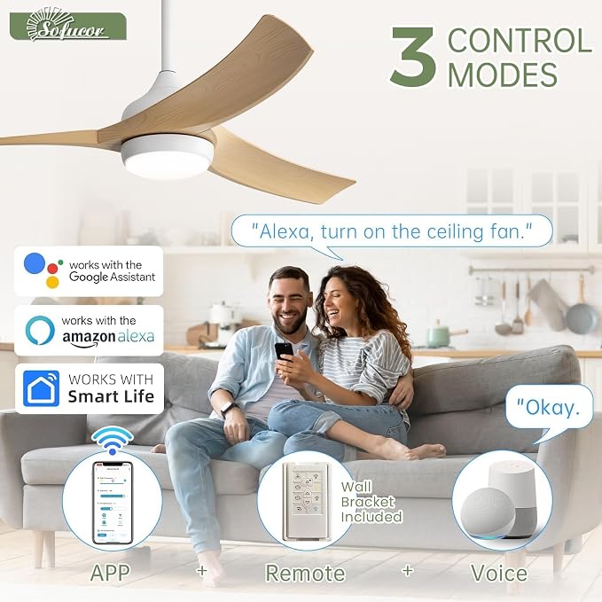 Sofucor 52 Inch Smart Ceiling Fan, Modern Outdoor Ceiling Fans with Lights Remote Control, Works with Alexa/App/Google, Airflow 6000CFM ABS 3 Blades Reversible DC Motor for Living Room Bedroom Patio