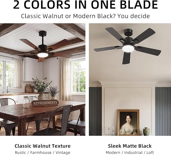 52 Inch Ceiling Fans with Lights, Large Ceiling fan with Light and Remote/APP Control, Quick Installation, 3CCT, Dimmable, Noiseless Reversible Motor, 5 Blades Black Ceiling Fan for Outdoor Indoor