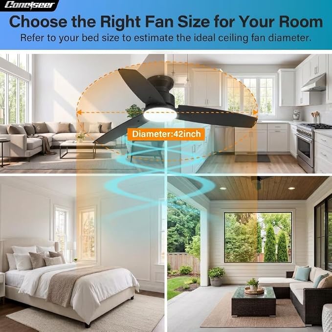 Conciseer Modern 42 Inch Ceiling Fans with Lights and Remote for Bedroom Office, Flush Mount, 18W 6CCT Dimmable, Dual Color 3 Blades 6 Speed FReversible Quiet DC Motor Black/Wood Grain