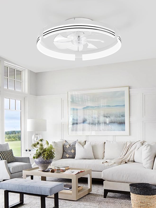 ZMISHIBO Low Profile Ceiling Fans with Lights and Remote, 20 Inch Flush Mount Ceiling Fan with Light, 3000K-6000K Dimmable Fandelier LED Fan Light, 6 Wind Speeds White Ceiling Fans for Bedroom