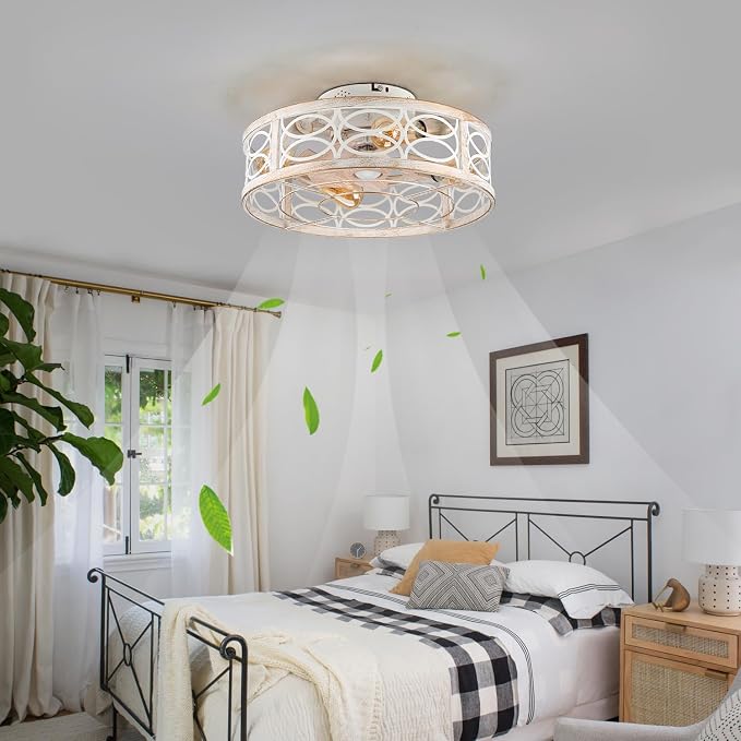 20" Caged Ceiling Fan With Light And Remote，bladeless Ceiling Fan 6 Speed Reversible With 4 Bulbs and Remote Control. With Lights for Bedroom, Dining Room