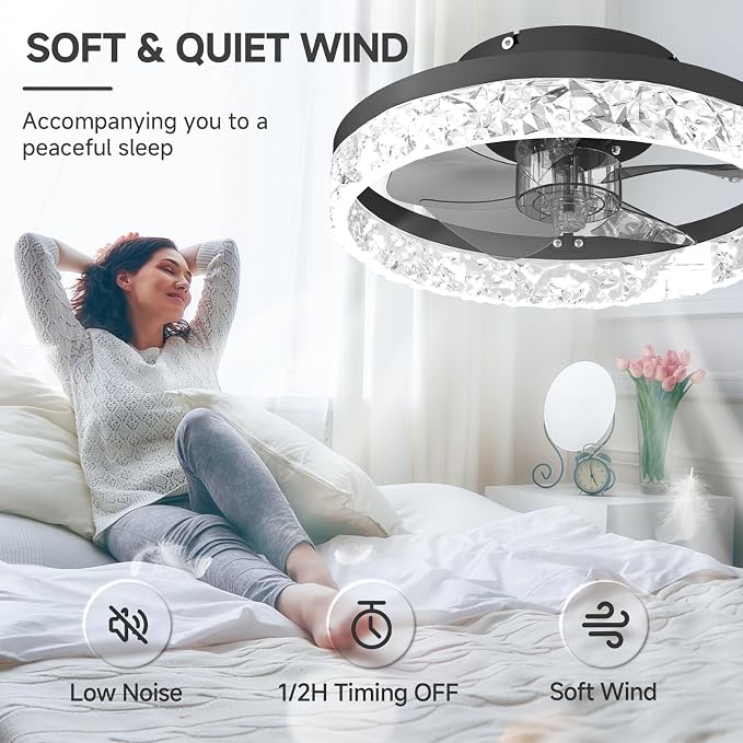 VOLISUN Fandelier Ceiling Fans with Light, 15.7in Low Profile Ceiling Fan with Light and Remote, 3000K-6500K Dimmable Bladeless Ceiling Fan Flush Mount, Black Modern Ceiling Fan with Light for Bedroom