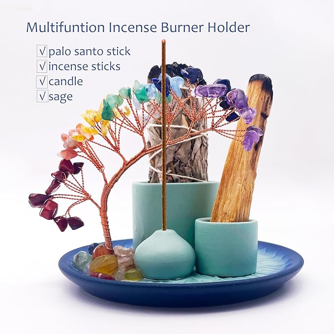 5 in 1 Incense Burner Holder with Crystal Tree for Burning Palo Santo Stick, Sage, Incense Sticks, Candle, Ceramic Tray Ash Catcher, Meditation Gift (Sky-Blue)