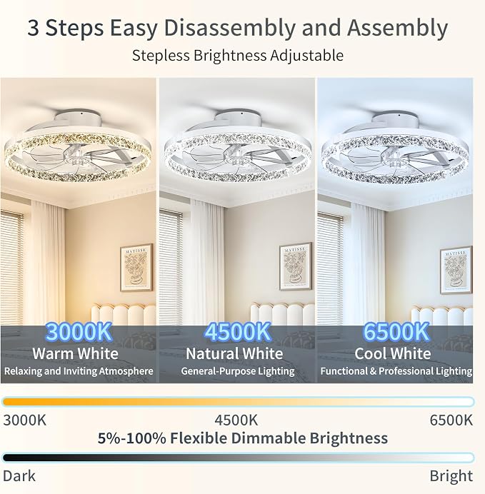 Ceiling Fans with Lights and Remote, 20" Low Profile Flush Mount Ceiling Fan, 3000-6500K Dimmable LED Fandelier, 6 Quiet Speeds for Bedroom