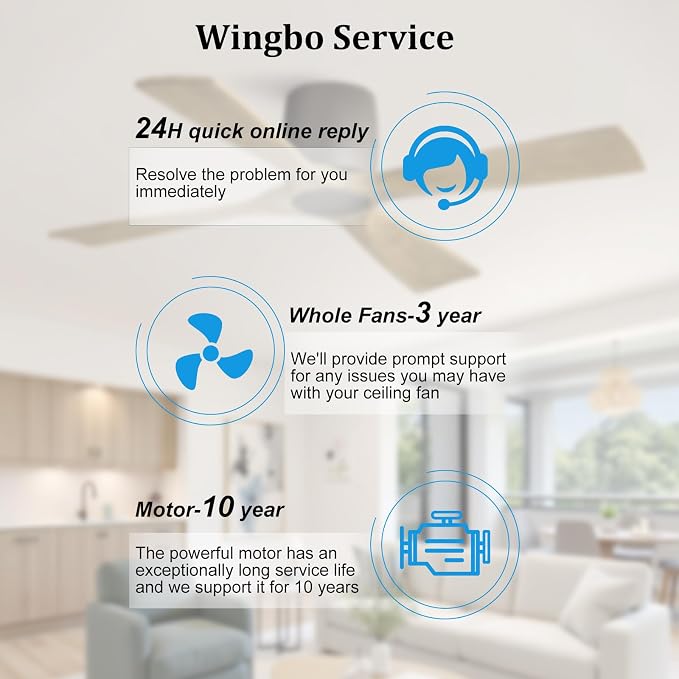 WINGBO 54 Inch Ceiling Fan Without Light, Solid Wood Flush Mount Ceiling Fan with Remote Control, Reversible Quiet DC Motor, 4 Blades,6-Speed, for Bedroom & Living Room, Graphite Finish +Gray Blade