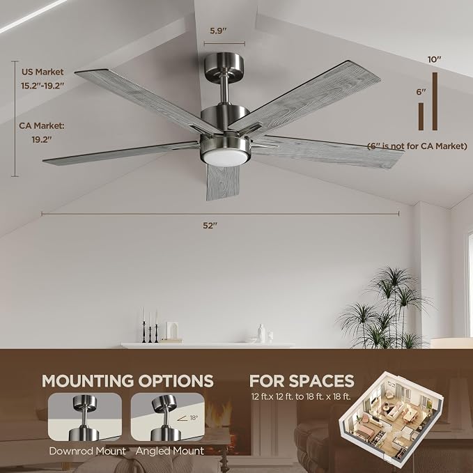 52 Inch Ceiling Fan Brushed Nickel Remote Controlled Dimmable Light Combo - Quiet Reversible - 5 Grey Blades