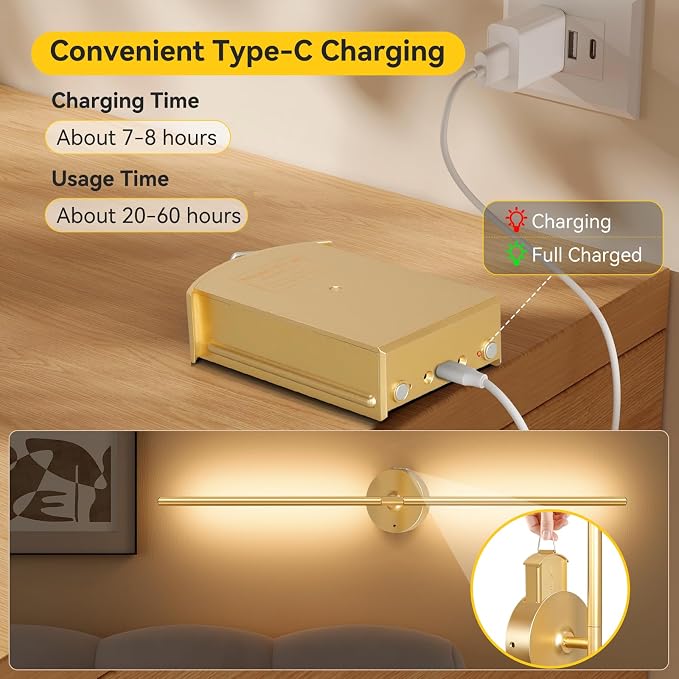 Ouyulong Battery Operated Wall Sconces Set of 2, 8000mAh Wireless Rechargeable 3000-6000K Dimmable 350° Rotate Wall Light with Remote for Living Room, Bedroom 31.6in Gold