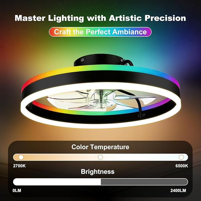 TCL 20'' Flush Mount Ceiling Fan with Lights and Remote, RGB Backlight Dual Lighting Mode, Modern Low Profile Ceiling Fan with Quiet DC Motor, Stylish Lighting for Bedroom, Black