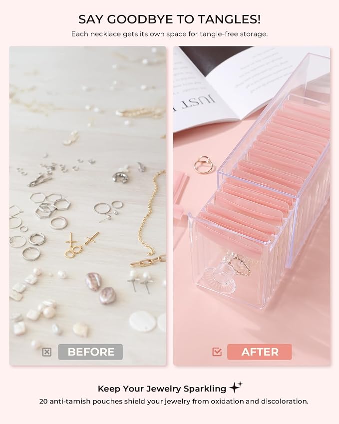 HOMEHIVE Clear Acrylic Jewelry Organizer Box with 20 Portable Pouches, Jewelry Storage Case for Women Girls, Tangle-Free, Anti-Tarnish, Compact Storage for Necklaces/Earrings/Rings, Upgraded Pink