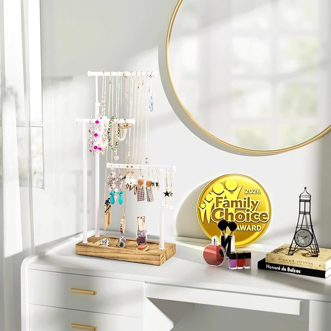 SRIWATANA Jewelry Organizer, Necklace Stand, Carbonized Black & White | 3-Tier Necklace Organizer with Wood Tray Base; Ample Storage for Long Necklaces, Earrings with Holes, and Rings