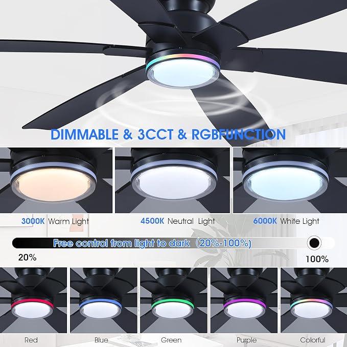 Kviflon 52" Modern Ceiling Fans with RGB Lights Remote/APP Control, Low Profile Flush Mount Ceiling Fan, 6 Reversible Plastic Blades 6 Speeds, RGB + 3 CCT Dimmable Lights for Bedroom Kidsroom, Black