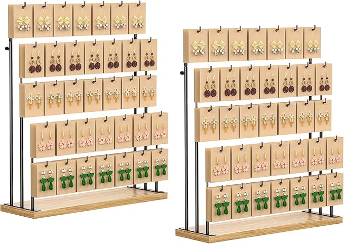 ORLESS 2 Pcs Jewelry Display for Vendors, Earring Display Stand for Selling, Necklace Display Holder for Selling, Earring Cards Organizer for Bracelets, Rings, Jewelry Towers, Original Wood (35 Hooks)