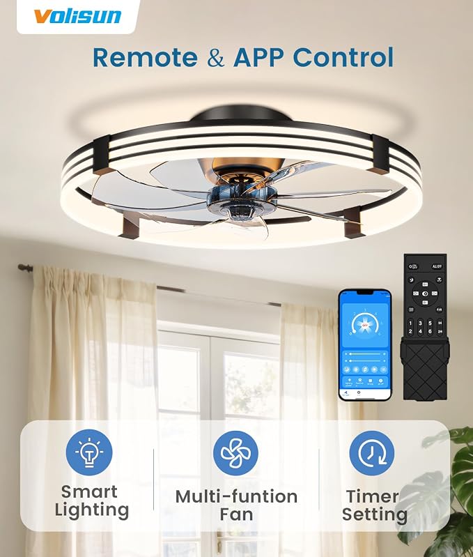 VOLISUN Low Profile Ceiling Fans with Lights and Remote, 24in Flush Mount Ceiling Fan with Light, 3000K-6500K Dimmable Fandelier LED Fan Light, Black Bladeless Ceiling Fans with Lights for Bedroom