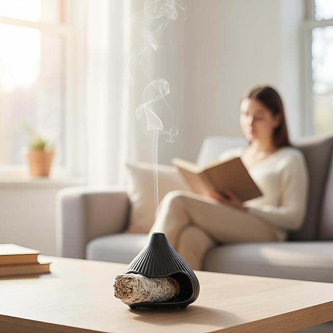 Retro Ceramic Palo Santo Holder, Sage Smudge Burner, Mini Fireplace Mount Fuji Chimney Incense Ash Catcher, Boho Zen Meditation Home Decor Gift (Matte Black)