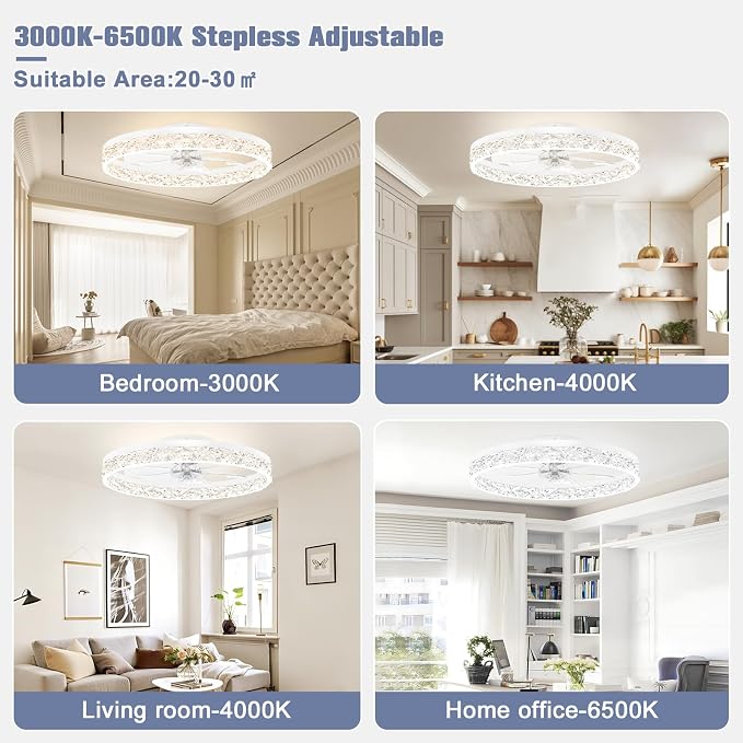 VOLISUN Fandelier Ceiling Fans with Light, 23.6in Low Profile Ceiling Fan with Light and Remote, 3000K-6500K Dimmable Bladeless Ceiling Fan Flush Mount, White Modern Ceiling Fan with Light for Bedroom