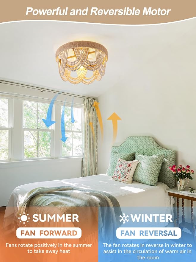 20" Boho Ceiling Fan with Light, Coastal Flush Mount Fandelier Ceiling Fans with Lights and Remote Control,Enclosed Beaded Caged with 6 Speeds for Bedroom Nursery Living Room