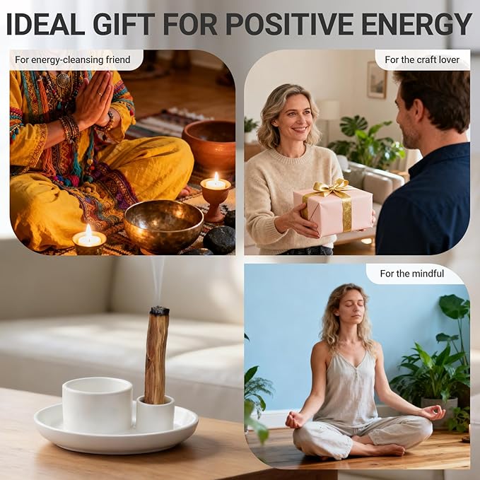 Multifunction Incense and Candle Holder for Burning Sage, Palo Santo, Ceramic Incense Stick Holder for Palo Santo Burner, Sage Holder for Yoga, Meditation, and Energy Cleansing (Pure White)