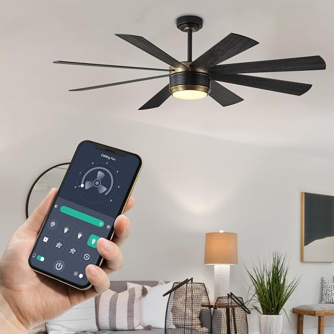 SHOWDI Ceiling Fans with Lights and Remote, Black Gold 60 in | 2 Blade Color, Metal Material, App Remote Control, Timer, Reversible, 3CCT, Dimmable for Bedroom, Living room, Indoor