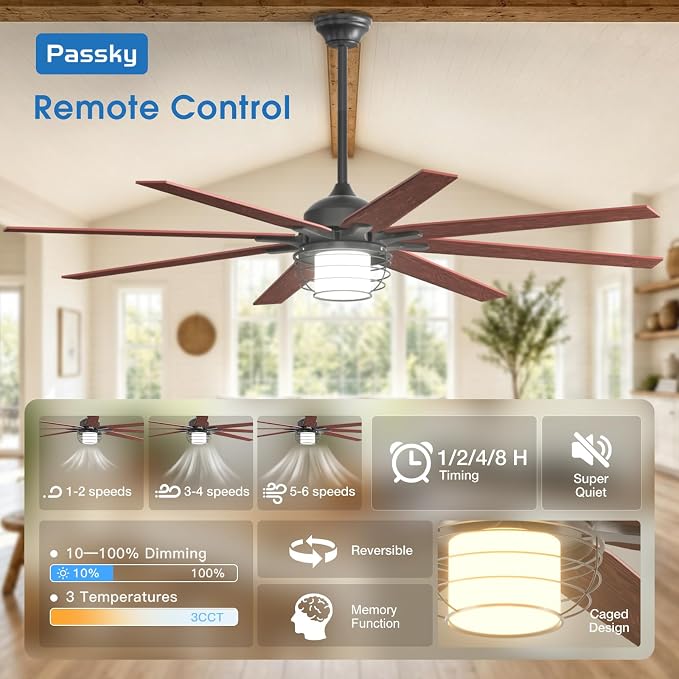 Passky Ceiling Fans with Lights, 72 inch Black Ceiling fan with Light and Remote Control, Reversible, Dimmable, 3CCT, Quiet, Caged Ceiling Fan for Farmhouse, Bedroom, Living Room, Indoor/Outdoor Use