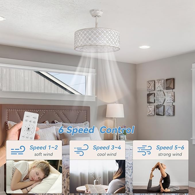White Fandelier Ceiling Fan with Light, 20" Caged White Chandelier Ceiling Fans with Lights Remote Control, Fabric Mid-Century Modern with 6 Speeds for Bedroom, Nursery, Living Room.